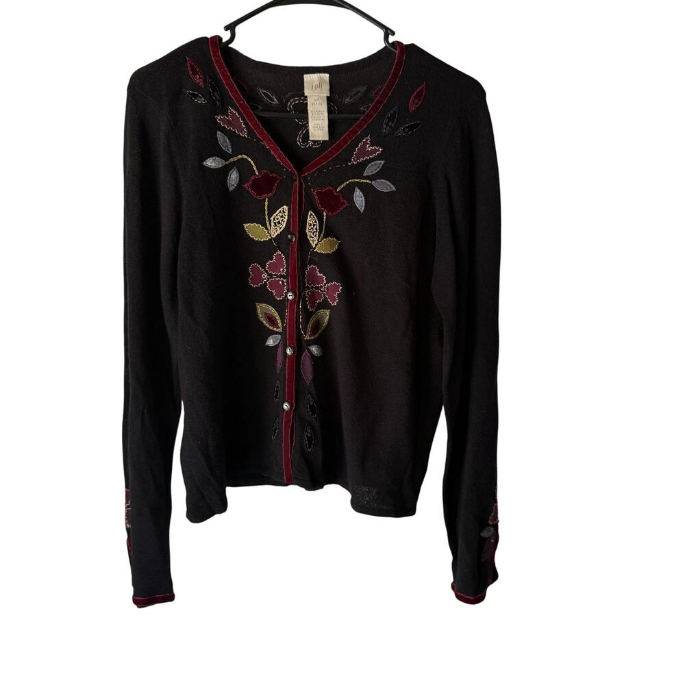 J Jill Sweater Y2k Whimsigoth Medium Petite Floral Embroidered Button Cardigan‎